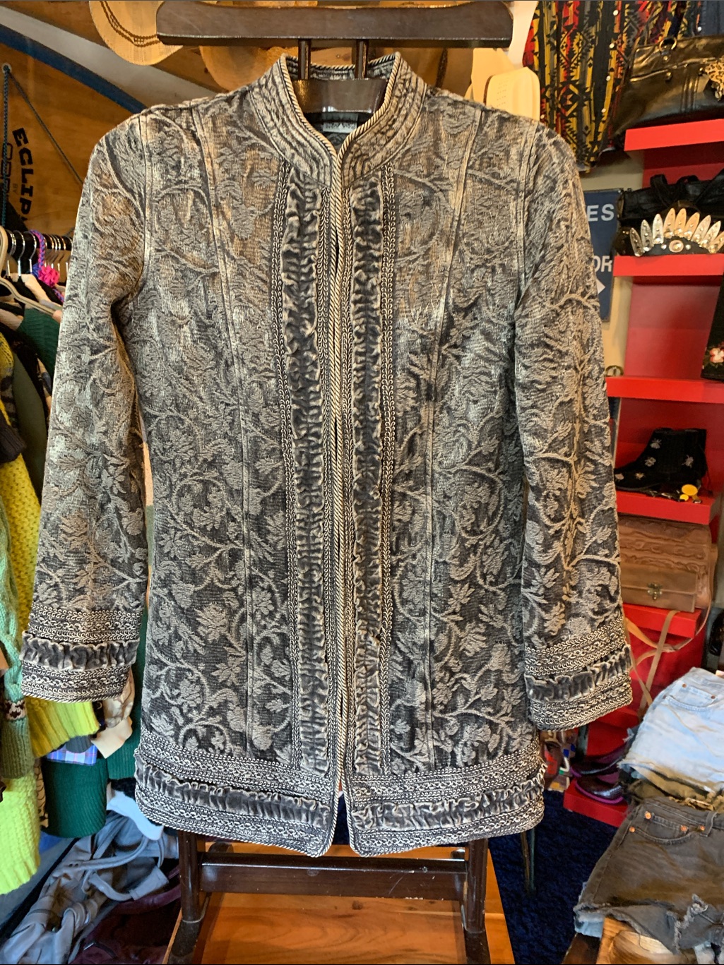 Women's Embroidered Textured Long Coat Jacket - Gray
